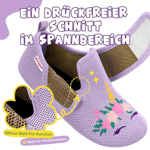 Kyopp Hausschuhe Kinder Barfussschuhe Klettverschluss für Jungen Mädchen Atmungsaktive Breite Pantoffeln Rutschfest Kindergarten Slippers(Einhorn Lila, 26/27EU)
