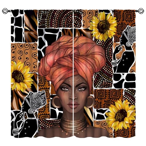 JESTRONRY Black Girl Curtain,Sunflower Elegant African American Lady Boho Theme Blackout Rod Pocket Window Drapes for Living Room Bedroom Bathroom 42x45in