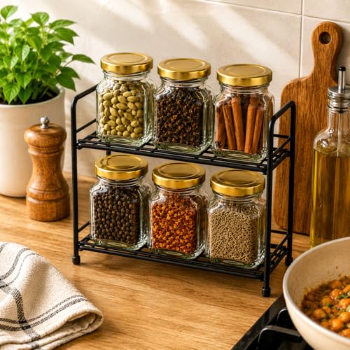 Image of Pure Source India Premium Clear 6 Pcs Glass Jar with Gold Lug Cap | Airtight Food Storage Jar for Honey, Jam, Pickles, Spices & Preserves (100 gm)