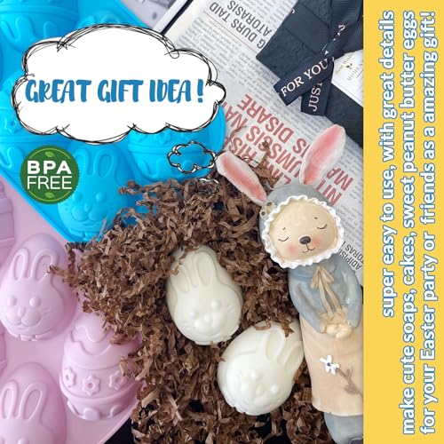 Image of Egg Shape Silicone Molds 3.5 Inch, 2-Pack Chocolate Baking Holiday Easter Mould, Non-Stick BPA Free, Kid-Friendly Soap Mold Rabbit & Floral Designs, Blue & Pink