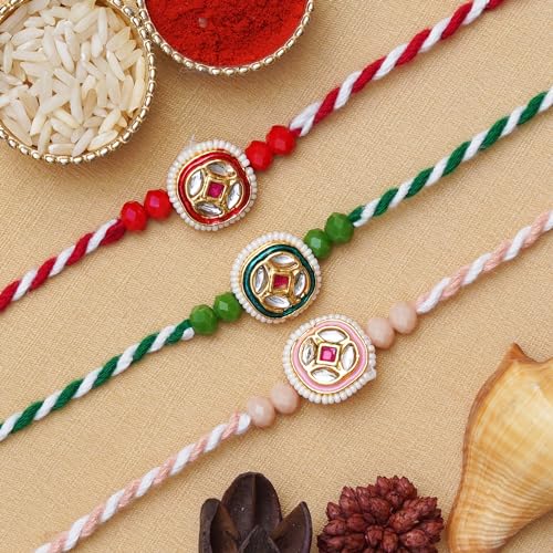 Image of eCraftIndia Multicolor Set of 3 Semi Precious Stone Designer Rakhis with Roli Chawal Pack - Rakhi for Brother