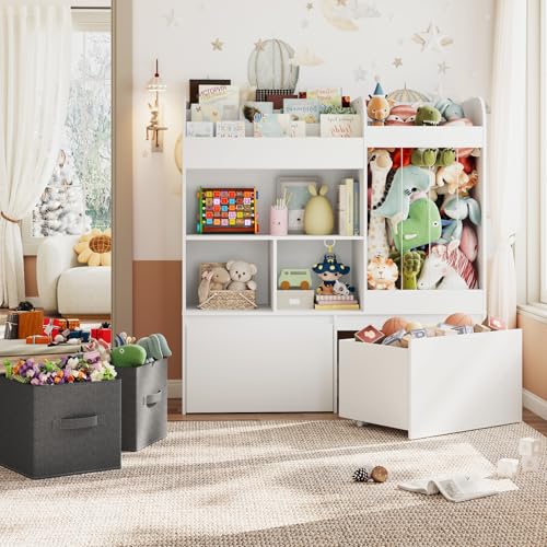 Image of 42.9'' Toy Storage, Large Stuffed Animal Holder with Toy Chest and Play Mat, Toy Organizer with Kids Bookshelf, Wooden Organization with 2 Movable Drawers for Kids Room Bedroom Playroom,White
