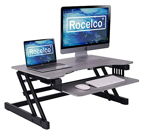 Top Rated Rocelco 32" Height Adjustable Standing Desk Converter - Quick Sit Stand Up Dual Monitor Riser - Gas Spring Assist Tabletop Computer Workstation - Large Retractable Keyboard Tray - Grey (R ADRG)