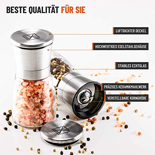 Foto von Kitchly Salz und Pfeffermühle | Hochwertige Gewürzmühle (2er Set) für Salz, Pfeffer mühle oder andere Gewürze geeignet | Einfach zu bedienen und zu reinigen | + Tischhalterung + Ebook inklusive