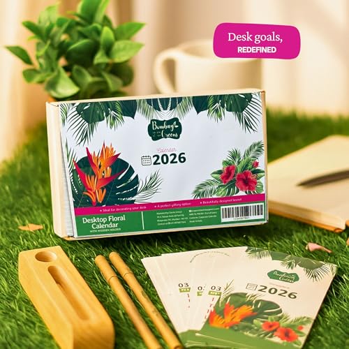 Image of 2026 Eco-Friendly Desk Calendar with Wooden Stand & Plantable Seed Pens - Sustainable 2026 Calendar Planner for Home & Office - Zero Waste New Year Gift & Grow Your Own Plant Kit by Bombay Greens