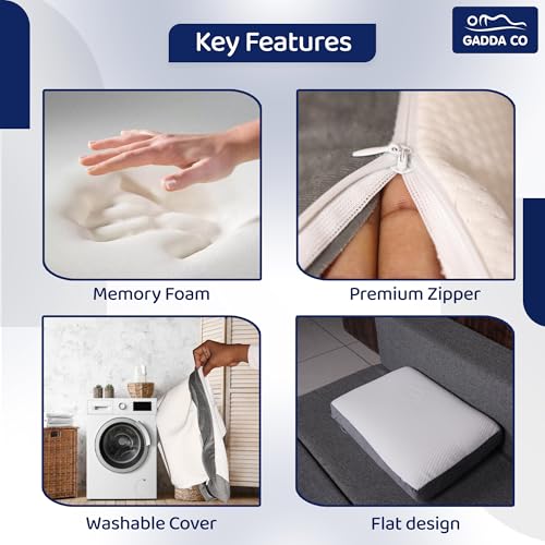 Image of GADDA CO Orthopedic Flat Memory Foam Pillow for Sleeping | Neck & Shoulder Pain Relief | Flat Memory Foam Pillow | Ergonomic Support with Removable Zipper White & Grey Jacquard Cover | 21x15x5 Inch