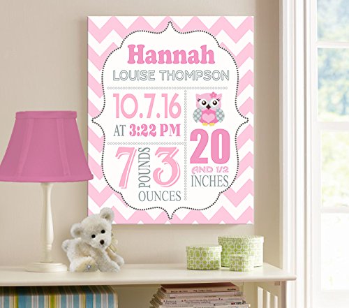 Personalized Stretched Canvas Birth Announcement Gift, Custom Baby Name, Date, Weight Stats, Newborn Nursery Owl Wall Art Decor, Wooden Frame Construction, Ready to Hang 20X24