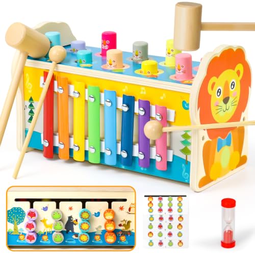 jerryvon Jouet Montessori 1 an, Jouet Bebe Enfant 1 an, Cadeau Noel Jeux Enfant Bebe 1 2 3 an Fille Garcon, 4 en 1 Jeux Bois avec Xylophone Bebe & Jeu De Taupe...