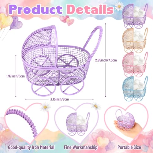 Image of Threehoney 12 Pcs Baby Shower Mini Carriage Decoration Metal Wired Fillable Small Stroller Table Decor Baby Shower Party Favor for Guest Gender Reveal Candy Centerpiece (Pink Brown Blue Purple)