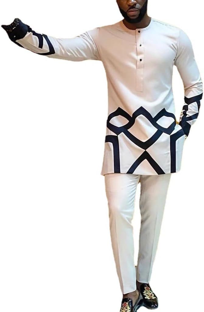 Costume Dashiki 2 pièces blanc en coton pour homme ensemble traditionnel à manches longues
