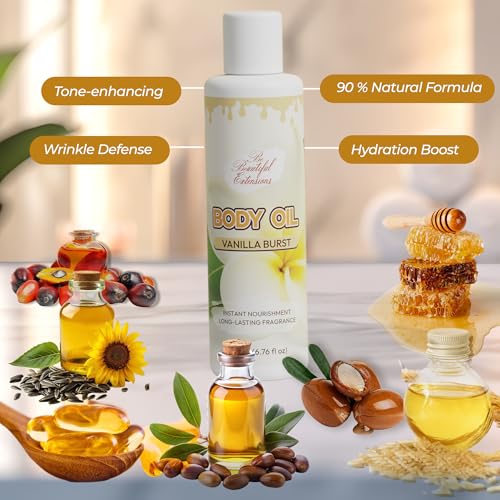 Image of Body oil designed for Deep Hydration to nourish, protect, and rejuvenate the skin while leaving it with a soft, radiant glow and a vanilla scent long -lasting fragrance jojoba oil and more 6.76oz