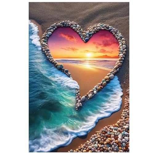 KUFWKEY Beach Diamond Art Kits for Adults 5D Love Diamond Painting Kits for Beginners DIY Full Round Drill Paint by Diamonds Sunset Diamond Mosiac Kits Diamond Dots Home Wall Decor 12 x 16 Inch