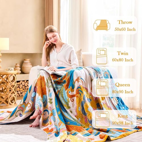 Image of XIBLC Boho Throw Blanket, Lightweight Blankets for Summer, 100% Cotton Bohemian Decorative Throw Blanket, 90 inchx98 inch Reversible Muslin Breathable Woven Farmhouse Blankets Quilt,
