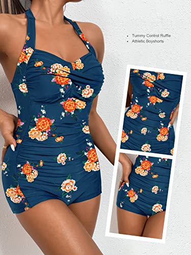 Molybell Boyleg Ruched Swimsuit Tummy Control Floral Monokini Boyshort Swimsuit Halter Vintage Bathing Suit Athletic Training One Piece Swimwear (Blue Flower, Large) #TOP2