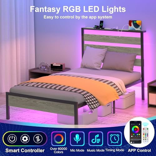 Image of J.Fkne Twin Bed Frame with LED Lights & Charging Station, Metal Platform Bed with Headboard, Heavy Duty Metal Slats, No Box Spring Needed, Noise Free, Easy Assembly