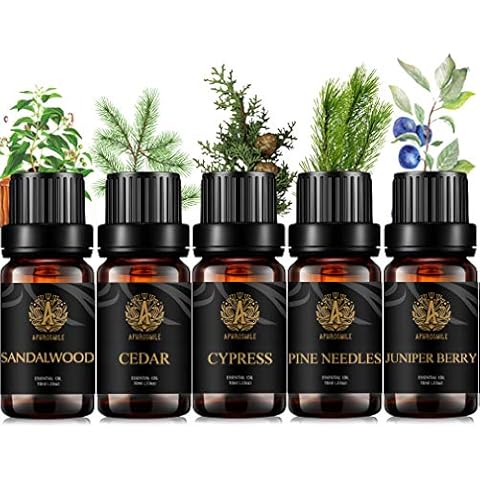 Aromatherapy Woody Essential Oil Set for Diffuser, 100% Pure Sandalwood Essential Oil, 5x10ml Therapeutic Grade Cedar Oil Set for Diffuser -Juniper Berry, Pine Needles, Cypress, Sandalwood, Cedar Oil Cover