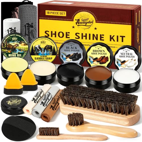Shoe Shine Kit 16-in-1 Leather Shoe Polish Kit with Saddle Soap Mink Oil Black/Brown/Neutral Shoe Polish Horsehair Brushes Leather Boot Polish Cleaning & ConditioningGift for Men & Women & Cowboy