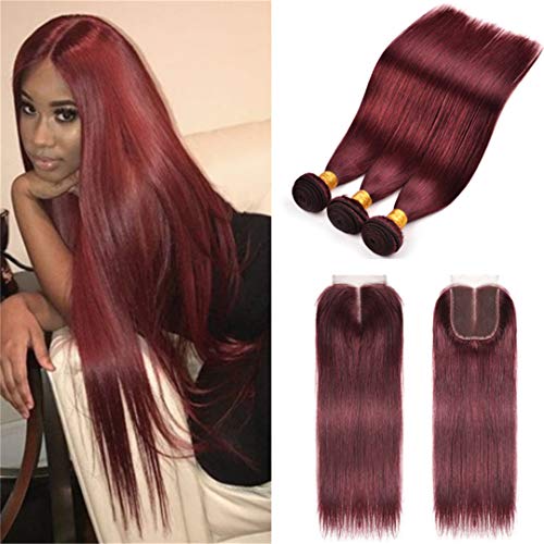 8A Brazilian Virgin Hair 99j Burgundy Straight Hair Weaves 3 Bundles with Lace Closure 4x4 Free Part Red Wine Color 100% Unprocessed Human Hair Weft Weaves (18 18 18 with 16c, 99j/burgundy/wine red)