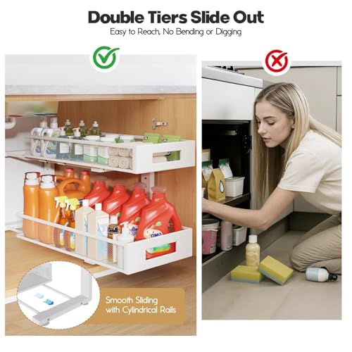 Image of 2 Packs 21IN Depth Under Sink Organizer, 2-Tier Pull Out Cabinet Organizer With Smooth Circular Rail, Large Capacity Metal Mesh Sliding Drawers For Bathroom& Kitchen Storage,Height Adjustable -White