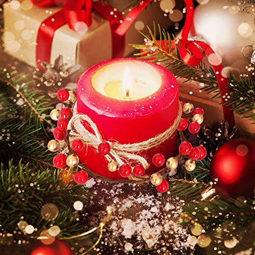 Halatool 8 Pcs Christmas Candle Garland Simulation Red & Gold Berry Candle Wreath For Pillars - Rustic Candle Holders, Mini Wreaths For Christmas Holiday Party Wedding Party Dining Table Decoration #TOP3
