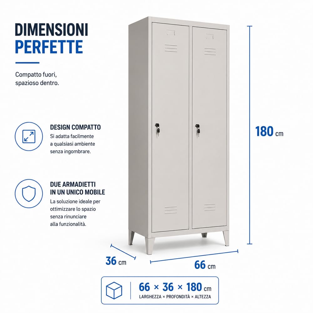 BAKAJI Armadio Metallo Spogliatoio 2 Ante con serratura 66x36x180H cm | Chiusura a Chiave, Grigio, Ripiano Superiore, Asta Appendiabiti, Salvaspazio Multiuso