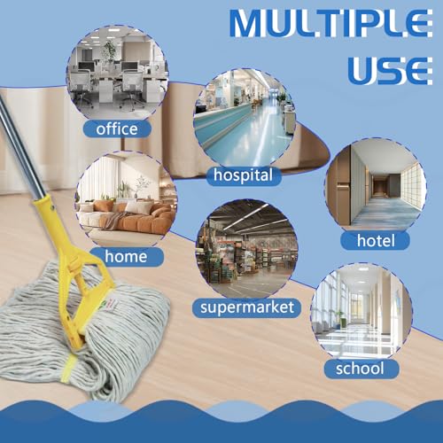 Image of Commercial Cotton Mop | Heavy-Duty Industrial Mop | 2 Replacement Heads | 152cm Stainless Steel Handle | Professional Institutional Cleaning (B)