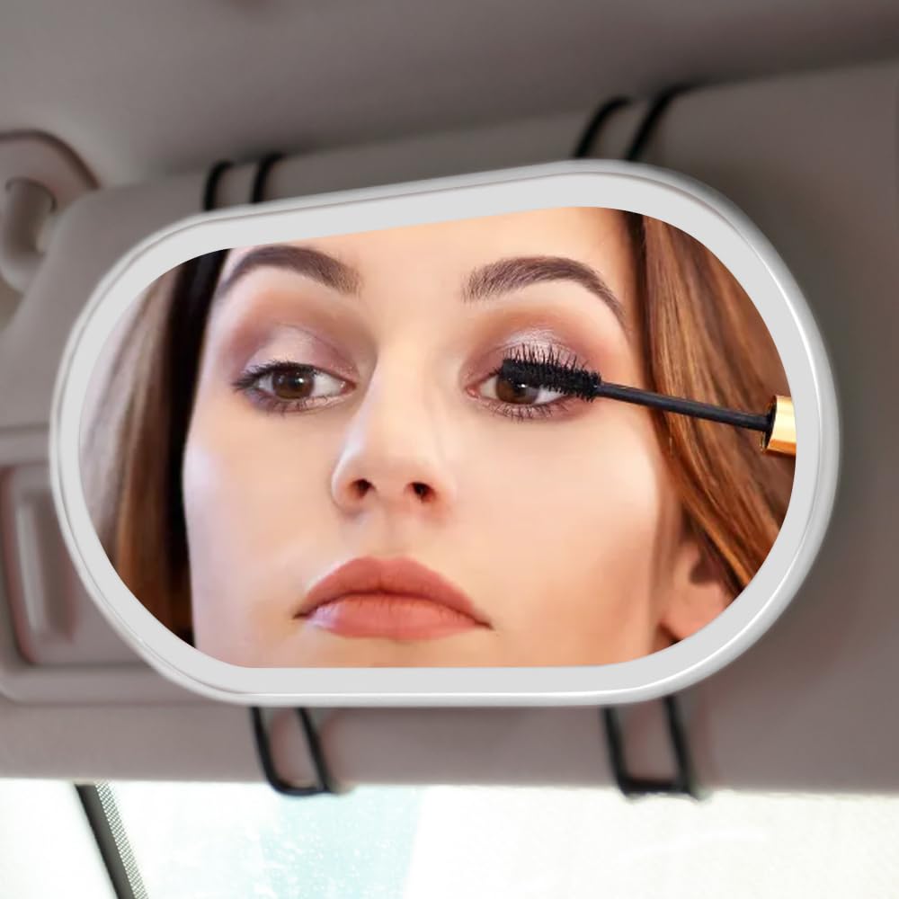 Kytpyi Espejo Parasol Coche, Espejo Maquillaje Con Luz para Coche, Espejo para Coche con Cable Carga 2 Correas de Silicona Recargable Resistente a Arañazos, Espejo Maquillaje Coche Portátil (Blanco)