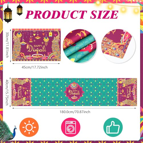 Howaf Happy Diwali Table Runner With Diwali Place Mat For Festival Of Lights Party Decoration, Diwali Diya Table Liner With Placemats For Indian Deepavali Diwali Rangoli Dining Supplies,Set Of 5 thumb #1