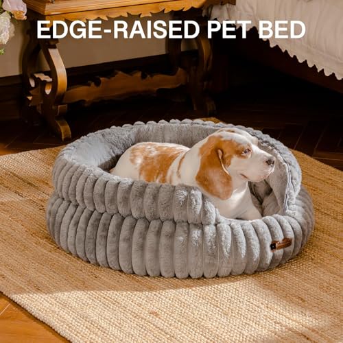 MEWOOFUN Stilvolle Katzenbetten für Katzen, weiches rundes Hundebett für kleine und mittelgroße Hunde, waschbares, beruhigendes Haustierbett (Grau, L)