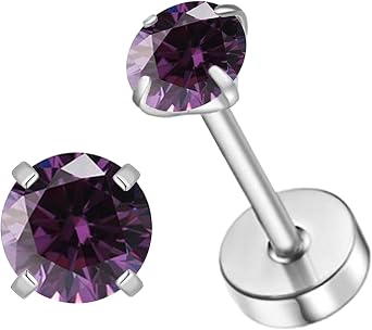 Natural Birthstone Stud Earrings for Women Teen Girls, Screw Back Tiny 3mm CZ Stud Flat Back Studs, Cartilage/Tragus/Second Hole Earrings