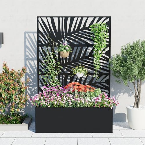 GarveeLife Metal Planter Box with Trellis, 71"x47"x16" Raised Garden Bed for Climbing Plants, Vegetables, Vines, Privacy Planters for Patio with Drainage Holes, 15.7" Deep Planting Bed Palm