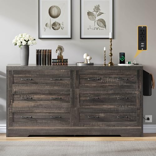 DWVO Farmhouse 6 Drawer Dresser for Bedroom, 59" Wide Large Modern Dresser TV Stand with Drawers & Bar Handles, Storage Dressers with Power Outlets, Rustic Wood Chest of Drawers, Rustic Oak