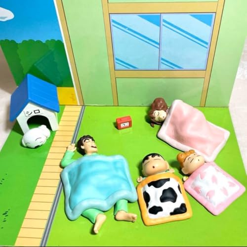 Image of Shinchan Sleeping Family Mini Figure Set | Cute Shin Chan Cartoon Sleeping Pose PVC Figurines with Shiro Dog House for Car Dash, Table & Shelf Decor | Anime Gift Set for Kids & Fans