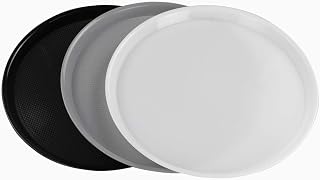Wekioger Set of 3 Plastic Round Serving Tray, 13.5-Inch Fast Food Serving Trays, White, Black, Grey