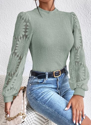 Image of BLENCOT Womens Casual Crochet Top Mesh Lace Long Sleeve Shirts Waffle Knit Blouse Crewneck Shirt Fall Womens Tops Pullover
