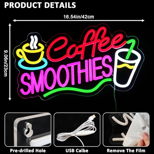 Image of Coffee Smoothies Neon Sign for Wall Decor, Smoothie Led Signs for Business, USB Dimmable 16.54 inch x 9 inch Neon Lights for Bar Drink Shop Kitchen Home Pub Pet Shop Restaurant Wall Art