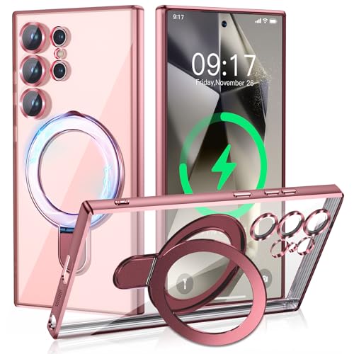 Image of Magnetic Stand & Full Camera Lens Protector Case for Samsung Galaxy S24 Ultra[Compatible with MagSafe][Military Drop Protective]Not Yellowing Clear Slim Soft S24 Ultra Phone Case for Women Men,Pink
