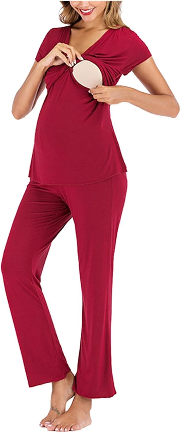 Women's Maternity Nursing Pajamas Set Breastfeeding Sleepwear Casual Short Sleeve Top Long Pants Pregnancy Pajamas