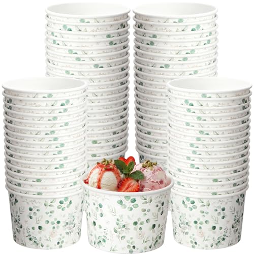 Image of Funnymoom 50 Pack Sage Green Ice Cream Cups 9 oz Eucalyptus Leaf Disposable Dessert Bowls Paper Soup Bowls Eucalyptus Floral Snack Cups for Hot or Cold Food for Greenery Baby Shower Wedding Birthday