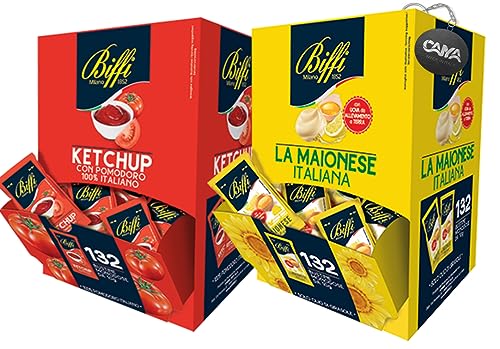 Biffi Double Kit con Maionese e Ketchup Monoporzione 264 Bustine da 10g [132+132] con Portachiavi CAIYA®