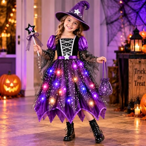 XINJUJILYLYM Toddler Witch Costume,Witch Costume for Girls Kids Light up Witchy Dress with Hat Wand Handbag for Toddler Halloween Cosplay Party Baby Cute Gothic Costumes 2026,Purple,110 - image 3
