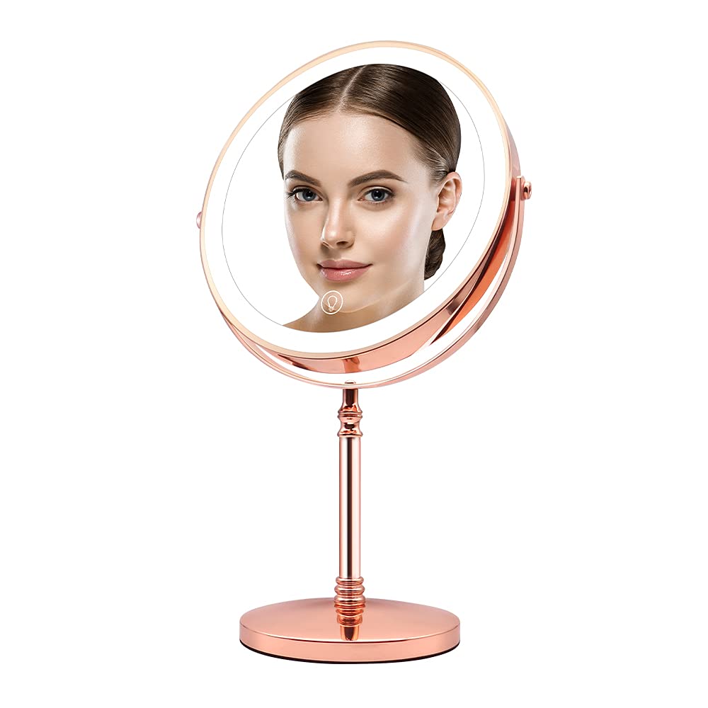 Rechargeable Lighted Makeup Mirror, 8 Inch Double Sided Cordless Mirror with 3 Colors Lighting 10X Magnification, Touch Sensor Dimming 360 Degree Swivel,Tabletop Round Cosmetic Cordless Mirror GOLD
