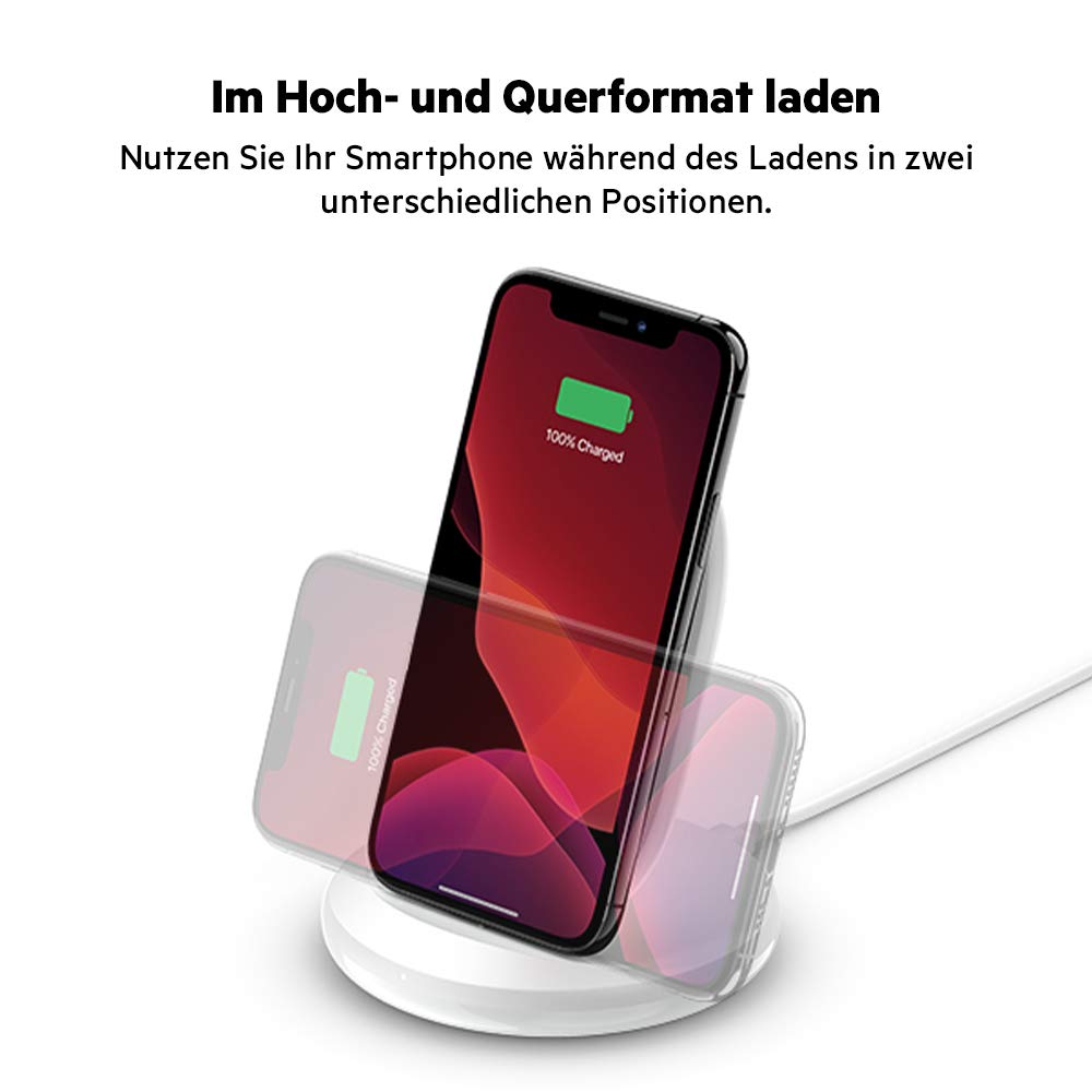 Belkin BoostCharge drahtloser Ladeständer, 15 W (Qi-Ladeständer zum schnellen drahtlosen Laden für Geräte wie iPhone, Samsung, Pixel) - Weiß