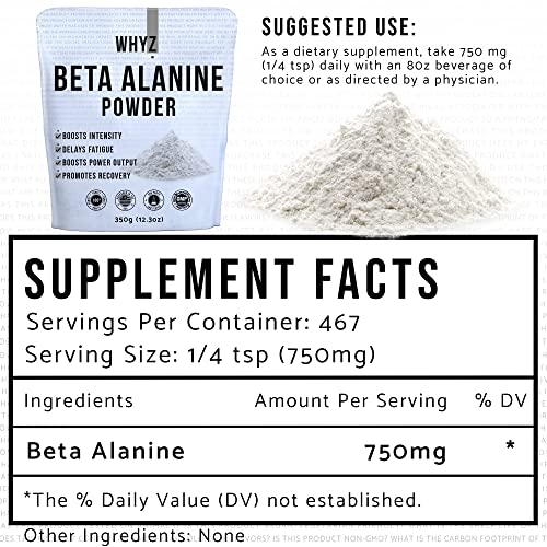 Whyz Beta Alanine Powder 350G, Pure Beta Alanine Pre-Workout Supplement For Sustained Energy, Beta Alanine Pre Workout Powder For Men And Women, Alanine Supplement For Endurance, 467 Servings #TOP1