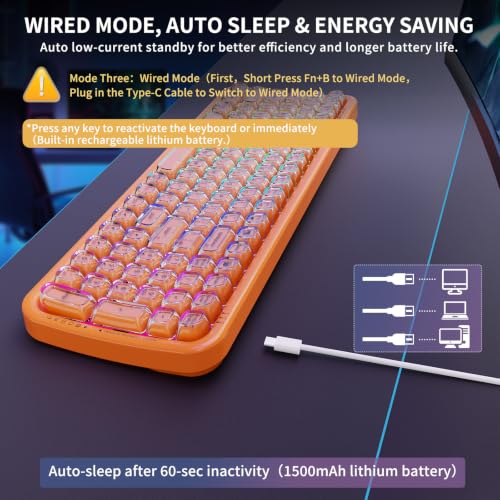 Image of FOPETT Wireless Computer Keyboard with RGB Backlit, Tri-Mode Bluetooth 5.0 /USB-C /2.4GHz Ergonomic Gaming Keyboard - Full-Size Rechargeable Transparent Keycap for Laptop /Windows /PC - Orange