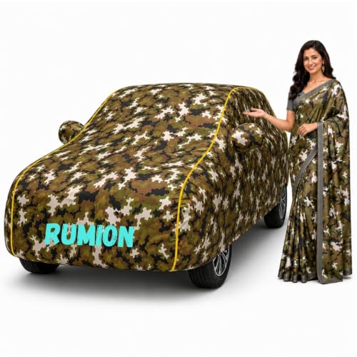 Image of Waterproof Car Body Cover for Rumion All Weather Protection Comes with Inner Cotton Lining & Triple Stitched with Mirror & Antenna Pocket Belt & Elastic Fit Army with Yellow Piping