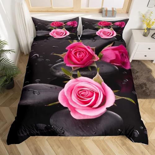 TACOKI Funda Nordica Cama 90 Rosa - Ropa de Cama Microfibra Suave, Funda Nórdica Piedra Negra Funda Edredon 150x220 cm y 2 Funda de Almohada 50x75 cm, 3D Funda de Edredón x8636