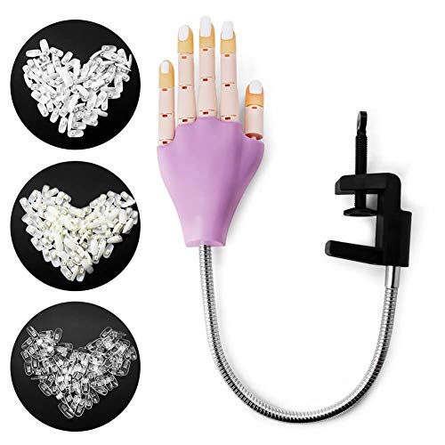 Flexible Nail Practice Hand for Acrylic Nails with 300pcs Replacement Nail Tips for Nail Tech Beginner Use, Nails Don't Fall of Easily, Purple