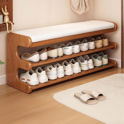 Banco zapatero de bambú, otomano de almacenamiento de 3 niveles para sala de estar, entrada, dormitorio, reposapiés versátil y organizador