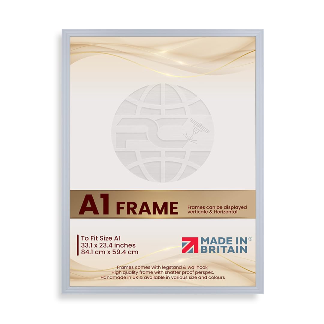 Procut Global Picture Frames A1 Light Grey - Classic A1 Frames With Safe Perspex Front & Wall Hanging Hooks - Premium Synthetic Wood - Handmade Frames